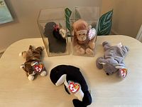 Photo showing all five TY Beanie Babies: brown monkey and black poodle in clear boxes with heart tags visible, and gray elephant, brown dog, black and white orca outside boxes all with tags.