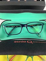 Blue Etnia Barcelona glasses frame in case with logo visible
