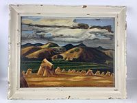 Full view of the framed landscape painting showing the hill scene and haystack shapes under a cloudy sky with visible paint wear on the frame.