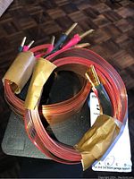 Two coiled speaker cables showing transparent copper strands and attached banana plugs