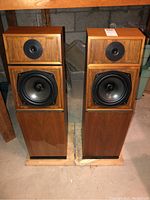 Front view of both speakers side by side showing overall appearance and wear