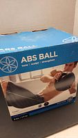 Front of the original blue box showing the abs ball and a man exercising with it. Shows the brand Gaiam and features of the product.