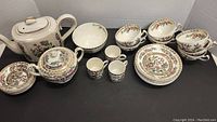 Full set arranged showing all cups, saucers, teapot, sugar bowl, small bowl, and sauce dishes with Indian Tree floral design