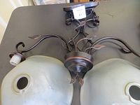 Light fixture with two frosted glass dome shades and oil-rubbed bronze metal frame with leaf accents, viewed from below.