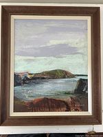 Full front view of framed acrylic painting showing landscape scene and frame