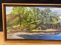 Full view of the oil painting landscape depicting trees, water, and hills.