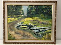 Framed oil painting showing an old wooden fence on a grassy path with trees in the background, signed by J. Parker.