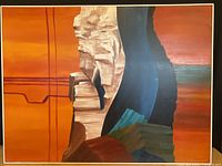 Full view of the abstract oil painting showing large vertical white form between geometric orange left and dark blue-green right side areas.