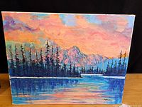 Full view of the oil on canvas painting depicting a sunset landscape with mountains, trees, and water.