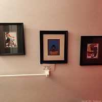 Three framed artworks hung on a wall, showing the style and size of the prints