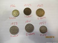Top view of six Canadian coins arranged on paper with handwritten dates and denominations
