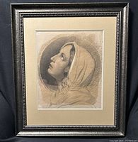 Framed 19th century drawing showing full portrait and frame with decorative molding in dark tone.
