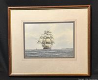 Full view of the framed watercolour painting showing the clipper ship centered on the ocean with full sails.