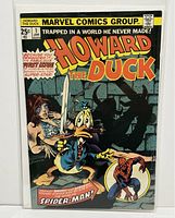 Front cover of Marvel Howard The Duck #1 comic book showing Howard the Duck with a sword, a woman in the background, and Spider-Man in a circle.