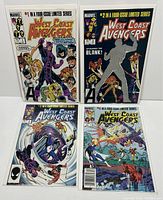 Front covers of Marvel West Coast Avengers #1-4 comics laid flat, showing complete series with vibrant cover art.