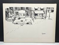 Full image of the black and white ink drawing showing urban row houses and cars, signed by Andy Donato.