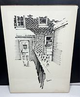 Original black ink sketch on paper depicting a courtyard with brick wall, windows, door and bottles on fence, signed by Andy Donato in lower right.