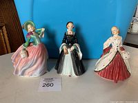 Three Royal Doulton figurines together including Autumn Breeze, Janice, and The Ermine Coat all on a flat surface with blue background.