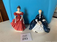 Two Royal Doulton figurines displayed on table against blue background