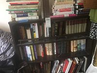 Bookshelves with a mix of books on travel, elder care, medical topics, and painting