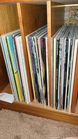 Side view of vinyl records in wooden shelf showing spines with album names and artists.