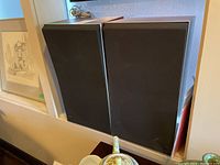 Pair of Bang & Olufsen Beovox S45-2 speakers side by side on shelf with cables visible