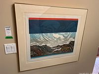 Full view of framed abstract colored print with mat and glass, signage next to artwork on wall