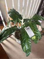 Top view of faux green leaf plant in a white ceramic pot placed on carpeted floor with a wooden railing in the background.