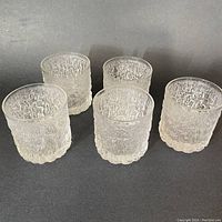 Set of 5 Goebel Charlottenhutte lowball glasses arranged together on a black surface showing their textured icy bark pattern.