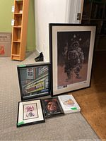 Group shot of five framed prints arranged on floor showing all designs