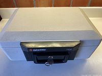 Closed view of light gray textured fire resistant lock box with black handle and lock located on the front. Key is shown inserted in lock.