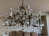 Front view of chandelier suspended from ceiling, showing full arrangement of arms and crystals.