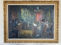 Frontal photo of the oil painting showing a room with seated figures and light rays, mounted in an ornate gold frame.