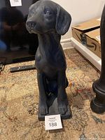 Front view of a black dog statue sitting on a rectangular base, showing detailed facial features and paws.