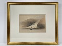 Framed full lithograph artwork showing Temples of Abu Simbel with river and boat.