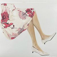 Close-up of the artwork showing chalk pastel depiction of legs in Louis Vuitton floral print skirt and white shoes.