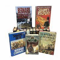 Front covers of Stormchild, Sharpe's Regiment, Sharpe's Devil, Sharpe's Eagle, Gallow's Thief