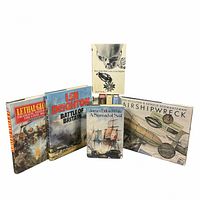 Front covers view of five books including works by Len Deighton, James Dillon White, Philip Katcher, Kenneth Maynard, and Victor Suthren showing colorful illustrated dust jackets.