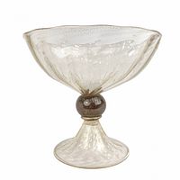Full view of the clear blown glass footed compote showing its shape, foot, and spherical knop.
