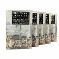 Five volumes of The Naval Chronicle standing side-by-side showing front cover artwork depicting Royal Navy scenes from the era, with title and editor information.