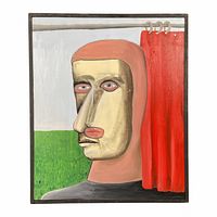 Front view of oil on canvas painting showing abstract portrait, green field background, red curtain, and black frame