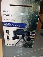 Vivitar 10x40 Monocular in original packaging showing model information and image of the product