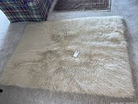 Top view of ivory-colored virgin wool Shepard rug showing dense shaggy fibers and label on top surface.