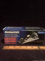 Photo of Mastercraft adjustable block plane box with product name and size reference using ruler scales.