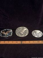 Front view of three eagle belt buckles arranged above a ruler showing size scale.