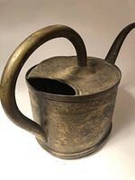 Front and side view showing the decorated surface and patina of the metal watering can.