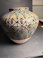 Angled view of the Japanese Tosen MCM ceramic vase showing geometric patterns of triangles, ovals, and spirals in muted blue, green, yellow, black, and brown.