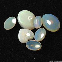 Top view photo of seven polished opal cabochon gemstones on black background showing color play and shapes.