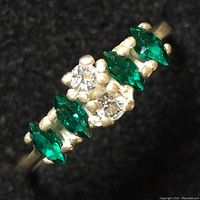 Close-up of sterling silver ring showing alternating green marquise-cut stones and clear round stones in bezel settings on black background.