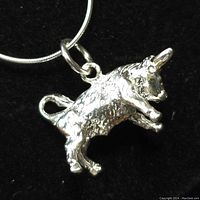 Close-up view of the textured bull-shaped sterling silver pendant with loop attached to chain.